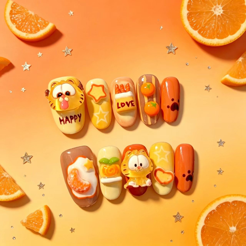 Orange Anime Merchandise - Garfield cartoon cute handmade wearable nails